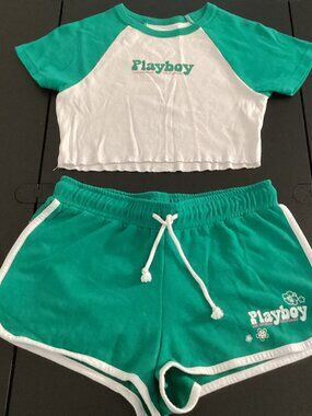 Playboy Green and White Top (S) and Shorts (M) Set